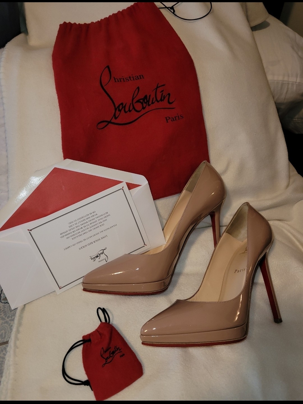 Christian Louboutin Nude Patent Pigalle Pumps with Red Soles